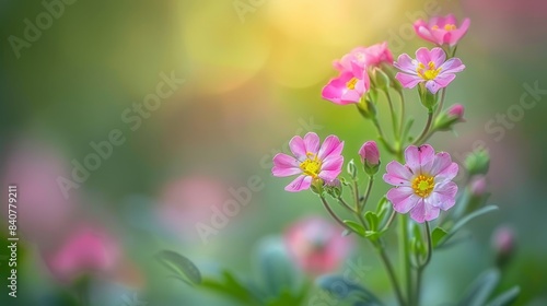  A field of pink flowers blooming  with a blurred foreground of pink and green blossoms  and a blurred background of predominantly green and yellow foliage