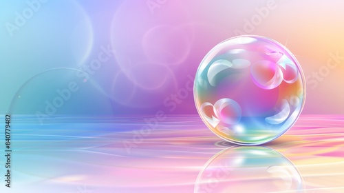  A glass ball atop a table against a backdrop of blue and pink hues Beneath it  a pink and blue setup reflects lightly on the ball s base
