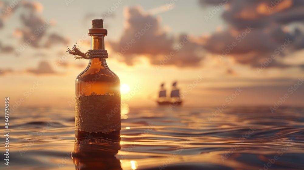A bottle of wine floats in the center of a body of water In the distance, there's a boat and a cloudy sky with clouds A bottle of wine floats in the center of a body of water In the distance, there's a boat and a cloudy sky with clouds