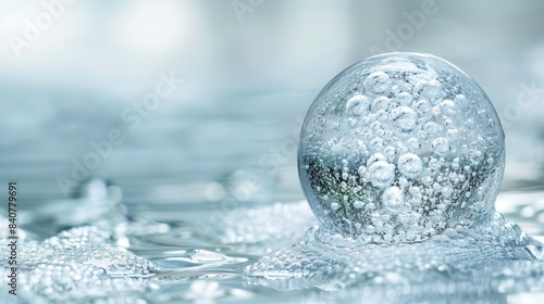  A tight shot of a water droplet atop a body of water  adorned with droplets above and below