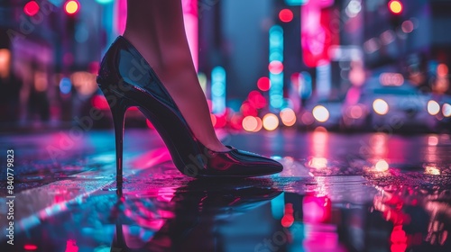  A woman in high heels stands on a wet city sidewalk at night Vibrant lights illuminate the buildings and street around her photo