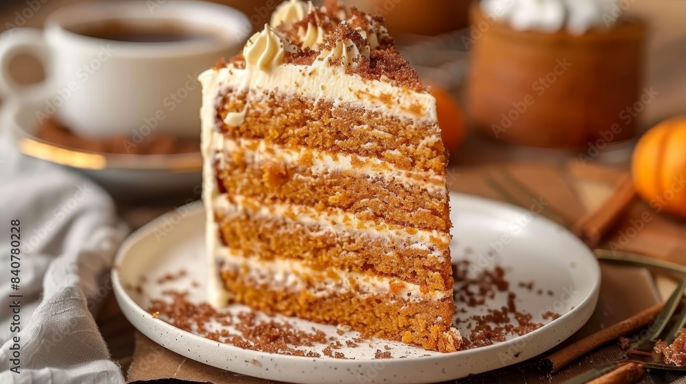 A slice of cake on a white plate, accompanied by a cup of coffee A cinnamon stick rests on a saucer nearby, while a separate plate holds additional cinnamon sticks A slice of cake on a white plate, accompanied by a cup of coffee A cinnamon stick rests on a saucer nearby, while a separate plate holds additional cinnamon sticks