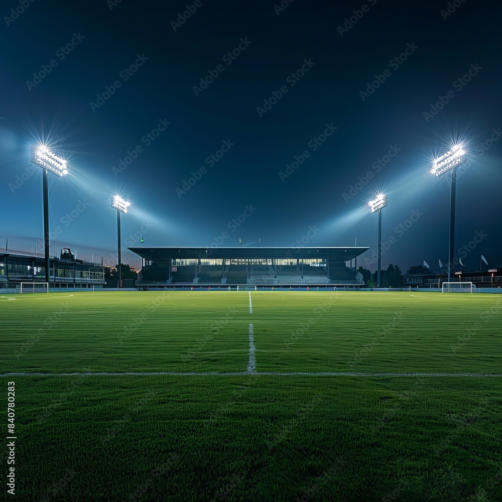 Fototapeta premium Nighttime Football Stadium Awaits the Action Generative AI