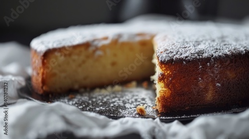  A close-up of a cake with a slice removed, powdered sugar dusting the top and bottom