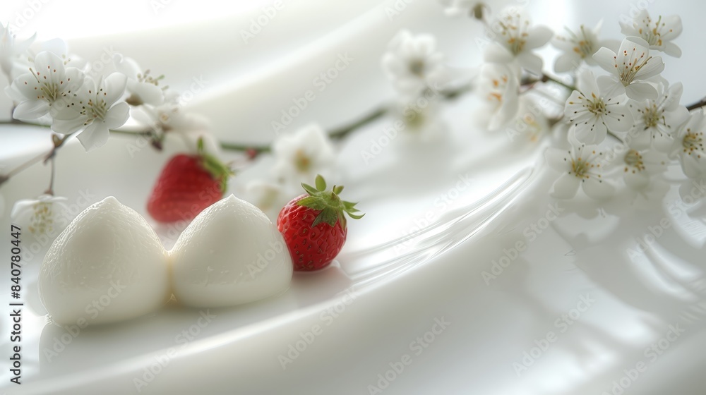 Strawberries and marshmallows are artfully arranged on a pristine white plate In the foreground, delicate white flowers bloom and a cherry blossom branch Strawberries and marshmallows are artfully arranged on a pristine white plate In the foreground, delicate white flowers bloom and a cherry blossom branch