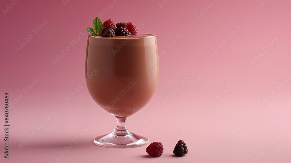 A glass of chocolate milkshake with raspberries and mints against a pink backdrop Raspberry garnish adorns the edge of the glass A glass of chocolate milkshake with raspberries and mints against a pink backdrop Raspberry garnish adorns the edge of the glass