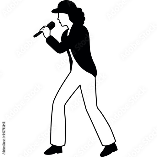 A singer Dance Pose with singing holding a microphone in front of mouth vector silhouette, isolated white background