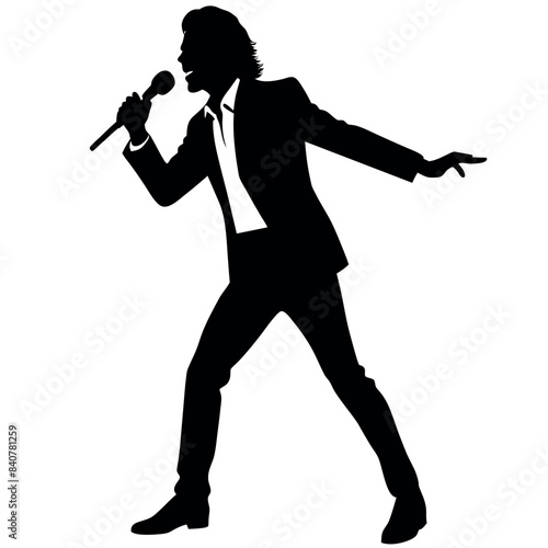 A singer Dance Pose with singing holding a microphone in front of mouth vector silhouette, isolated white background