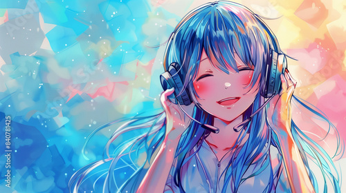 Anime style manga girl in pastel colors listens to music through headphones. 16:9