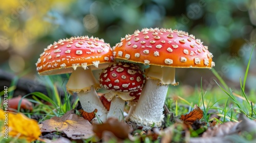  A pair of mushrooms atop a lush grass patch, adjacent to a forest teeming with leafy green grass and yellow and orange flowers, as well as brown leaves