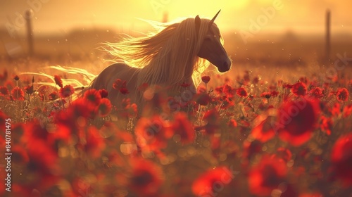  A white horse stands in a field of red poppies, with the sun setting behind A fence borders the foreground, framing another expanse of red flowers
