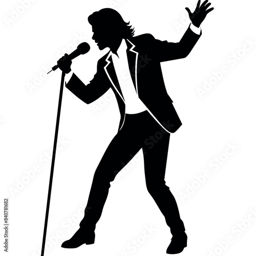 A singer Dance Pose with singing holding a microphone in front of mouth vector silhouette, isolated white background