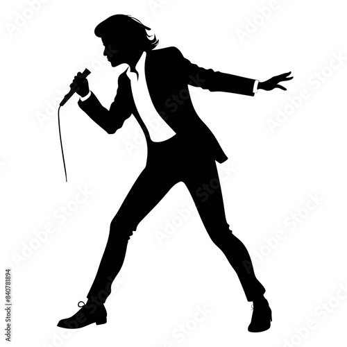 A singer Dance Pose with singing holding a microphone in front of mouth vector silhouette, isolated white background