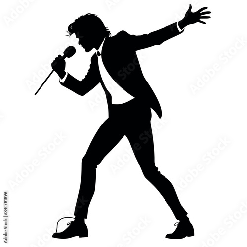 A singer Dance Pose with singing holding a microphone in front of mouth vector silhouette, isolated white background