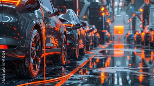 electric vehicles charging in an auto plant, symbolizing the shift to clean energy transportation. hyper realistic  photo