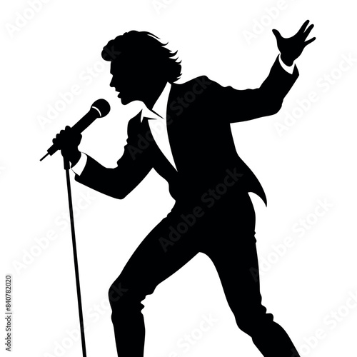 A singer Dance Pose with singing holding a microphone in front of mouth vector silhouette, isolated white background