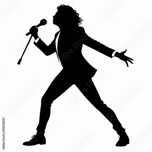 A singer Dance Pose with singing holding a microphone in front of mouth vector silhouette, isolated white background