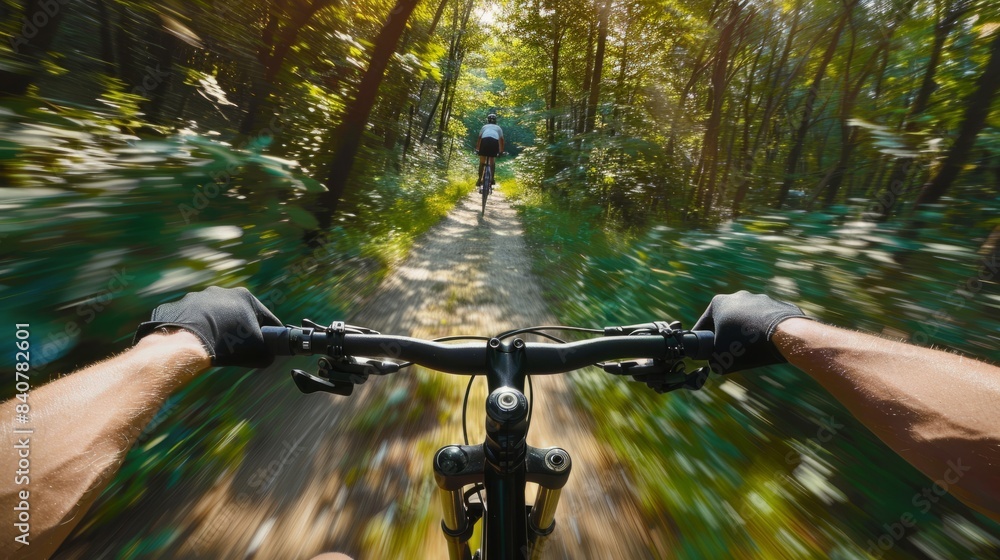 First person view of men riding bicycle in woodland path on sunny summer day. Athlete on his bike in summer forest. hyper realistic First person view of men riding bicycle in woodland path on sunny summer day. Athlete on his bike in summer forest. hyper realistic