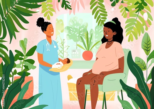 A caring midwife assisting in a childbirth delivery in a serene, supportive environment, emphasizing maternal health photo