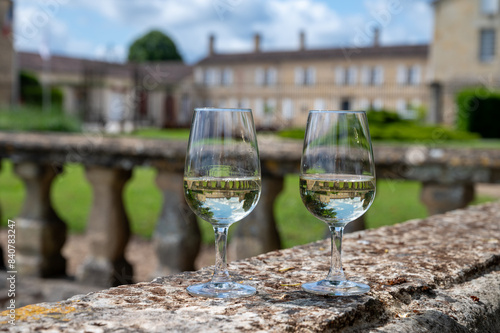 Glasses of white wine in old wine domain on Sauternes vineyards in Barsac village and old castle on background, Bordeaux, France photo