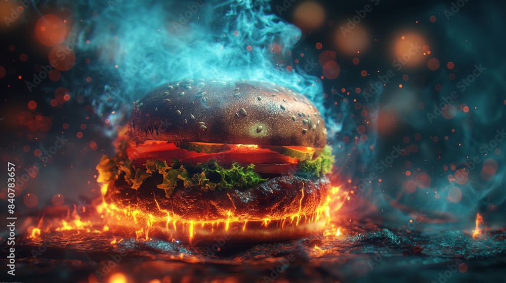 Burning burger with flames Burning burger with flames