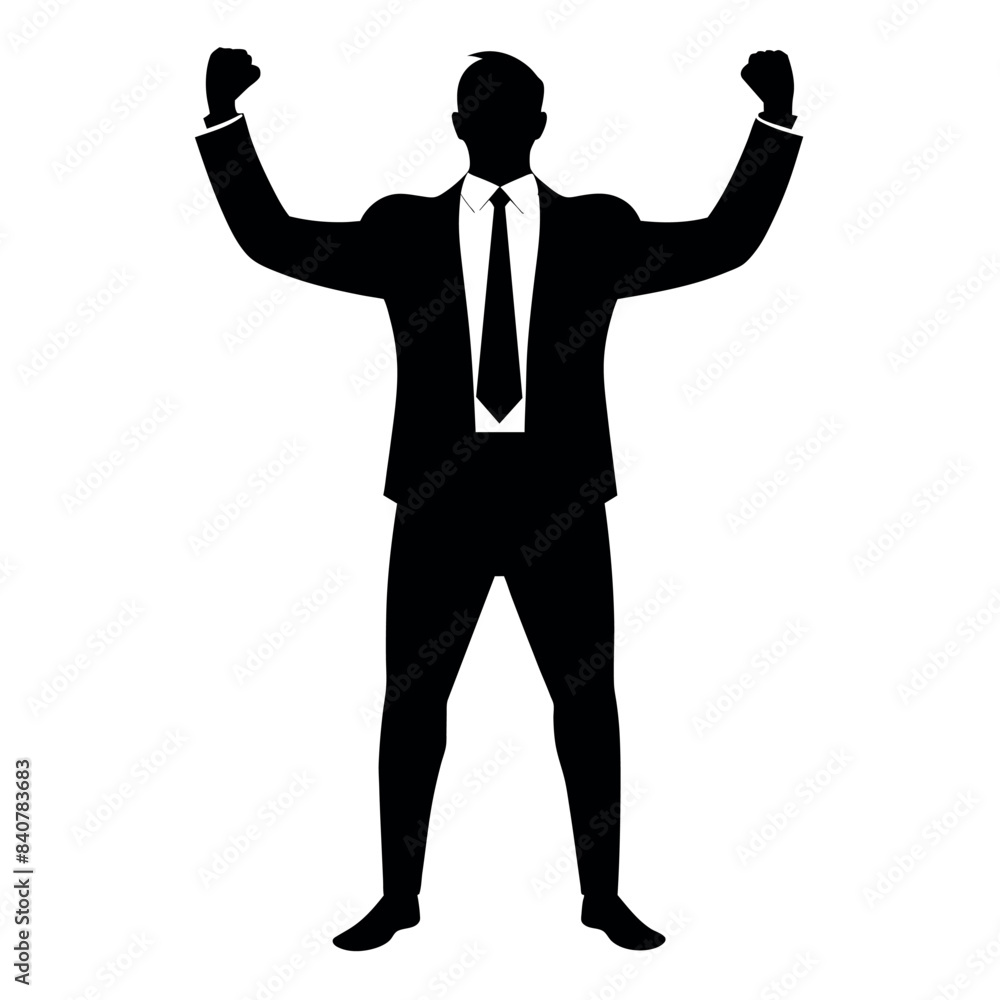 Business man cheers and clenches his fists, vector black color silhouette, isolated white background Business man cheers and clenches his fists, vector black color silhouette, isolated white background