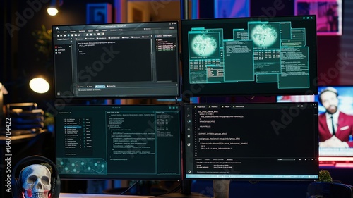 Cuadro en lienzo Close up of dangerous hacking lines of code running on computer monitors in criminal den