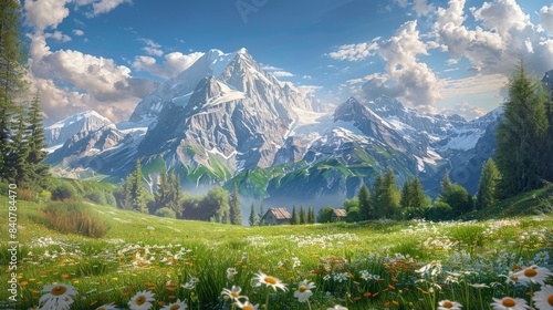 Fototapeta Naklejka Na Ścianę i Meble -  Idyllic mountain landscape in the Alps with blooming meadows in summer springtime hyper realistic 