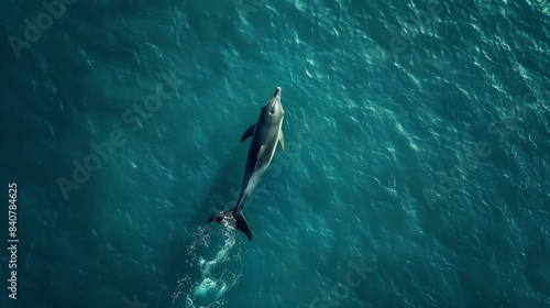Aerial view of alone Bottlenose dolphin in blue sea. Aquatic animal in Black sea © Emil