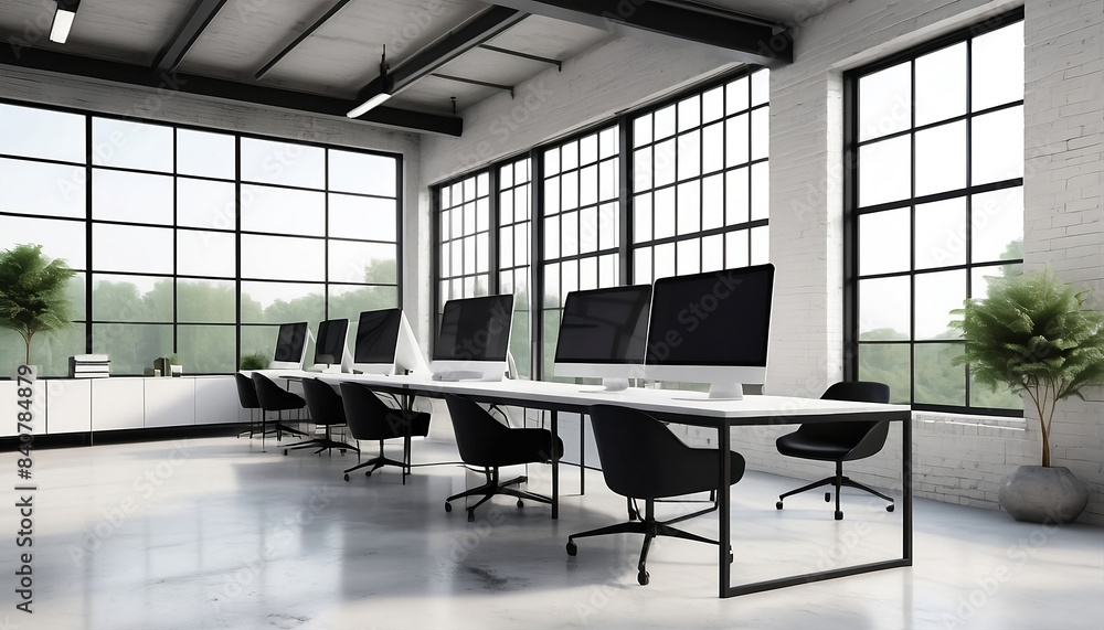 Loft style office 3d rendering image.There are white brick wall, polished concrete floor and black steel structure. Furnished with white furniture generative ai Loft style office 3d rendering image.There are white brick wall, polished concrete floor and black steel structure. Furnished with white furniture generative ai