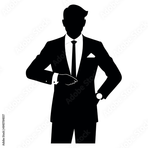 business man in a suit standing and checking time on the wristwatch in a vector silhouette 