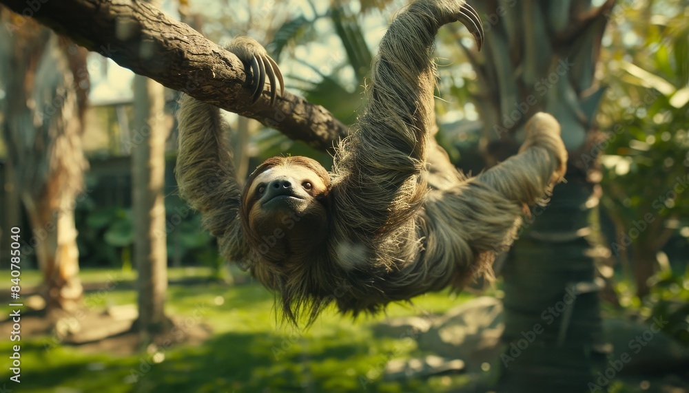 Cute sloth hanging from branch in jungle with giraffes and elephants. Concept of wildlife and nature by AI generated image Cute sloth hanging from branch in jungle with giraffes and elephants. Concept of wildlife and nature by AI generated image