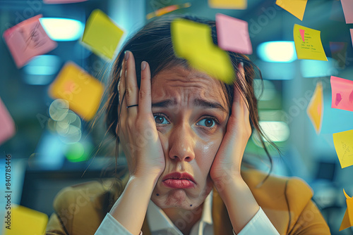 Stressed young businesswoman surrounded by post-its in office photo