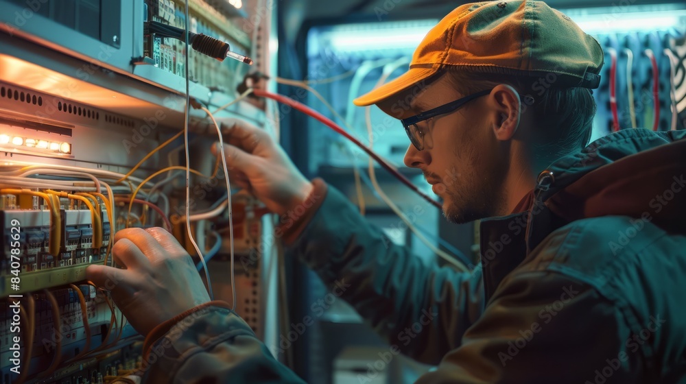 Man performing electrical repair at a switchboard with fuses. hyper realistic Man performing electrical repair at a switchboard with fuses. hyper realistic