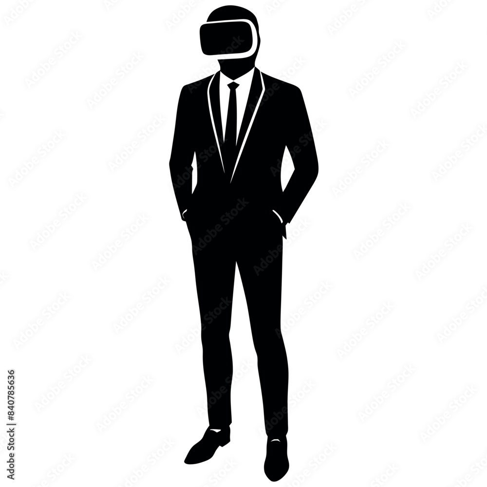 business man stylish standing pose with shoes wearing a VR BOX on the face vector silhouette business man stylish standing pose with shoes wearing a VR BOX on the face vector silhouette
