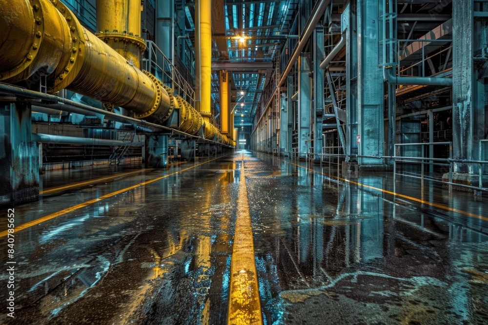 Industrial setting with pipes and a yellow safety line on the ground Industrial setting with pipes and a yellow safety line on the ground