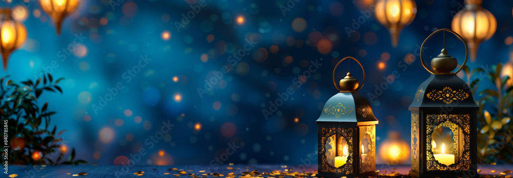 This image depicts two ornate lanterns lit with candles and set on a table in front of a blue background with bokeh lights. The lanterns are traditional Islamic decorations often used during Eid al This image depicts two ornate lanterns lit with candles and set on a table in front of a blue background with bokeh lights. The lanterns are traditional Islamic decorations often used during Eid al