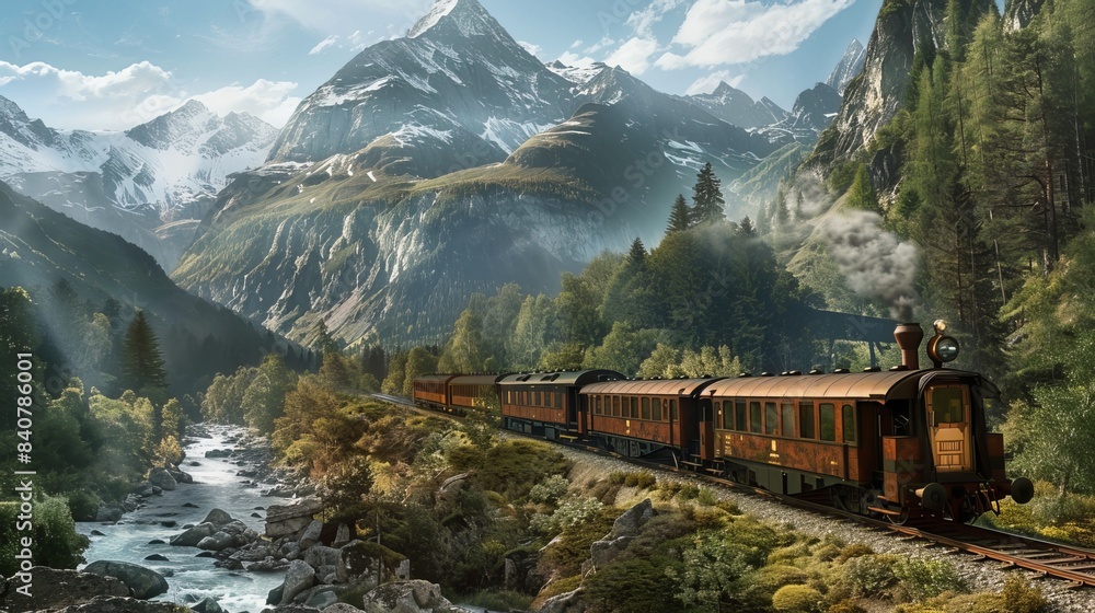 Scenic Train Journey through Mountains