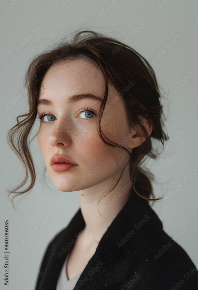 female artificial intelligence with a sideways look at the camera, pure white background; female artificial intelligence with a sideways look at the camera, pure white background;