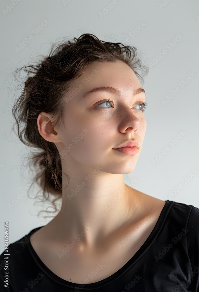 female artificial intelligence with a sideways look at the camera, pure white background; female artificial intelligence with a sideways look at the camera, pure white background;