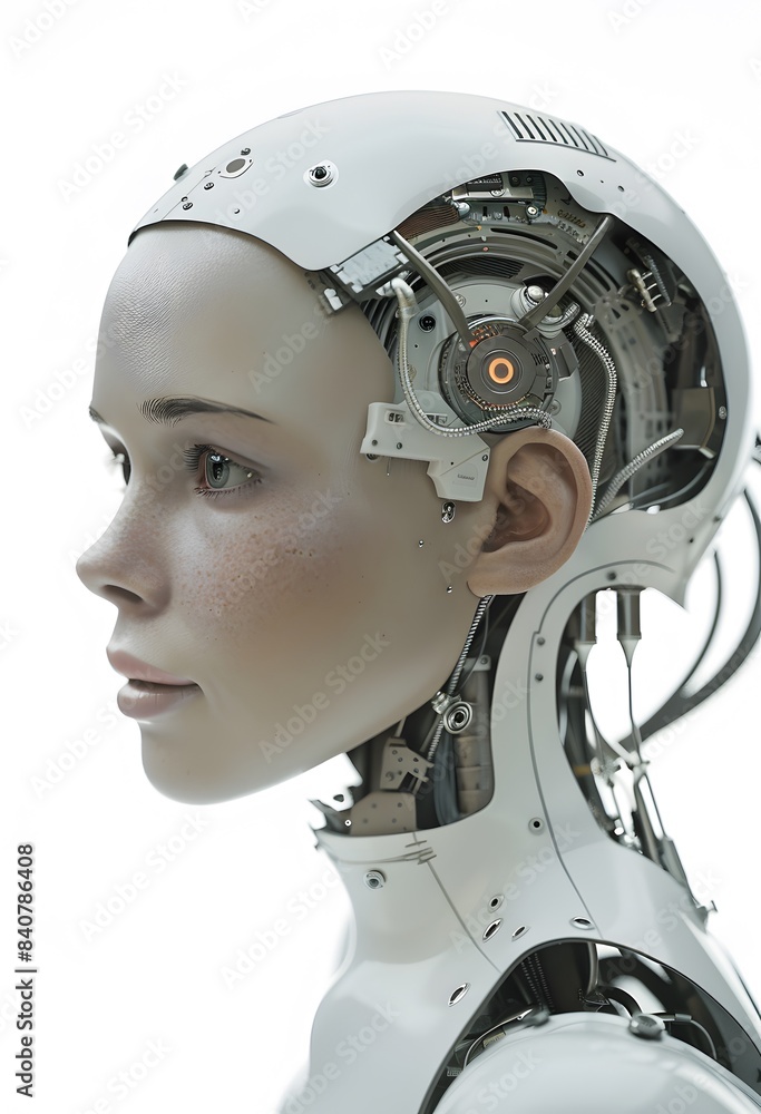female artificial intelligence with a sideways look at the camera, pure white background; female artificial intelligence with a sideways look at the camera, pure white background;