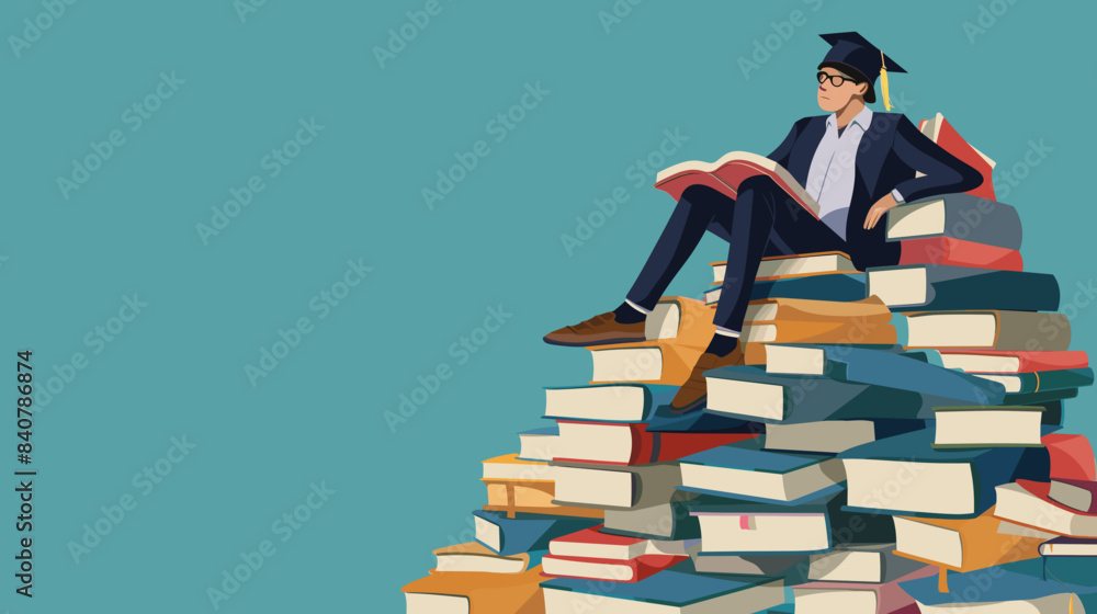 copy space, vector illustration, cartoon style, university student with graduation hat on top of a pile of study books, confident. Graduated student, big achievement, successful study. copy space, vector illustration, cartoon style, university student with graduation hat on top of a pile of study books, confident. Graduated student, big achievement, successful study.