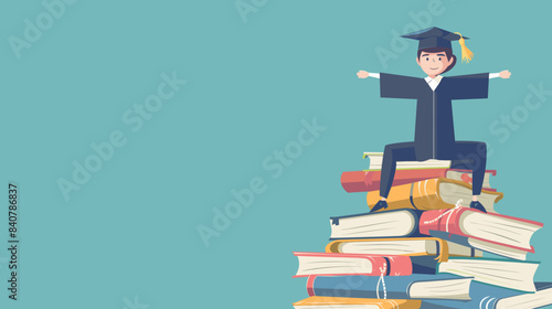 copy space, vector illustration, cartoon style, university student with graduation hat on top of a pile of study books, confident. Graduated student, big achievement, successful study.