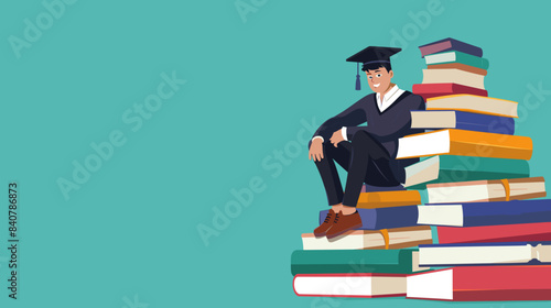 copy space, vector illustration, cartoon style, university student with graduation hat on top of a pile of study books, confident. Graduated student, big achievement, successful study.