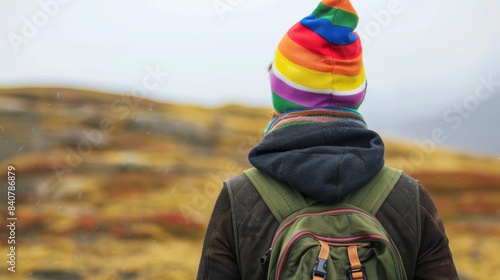 Person wearing colorful hat and backpack, exploring misty mountain landscape during autumn, viewed from behind.