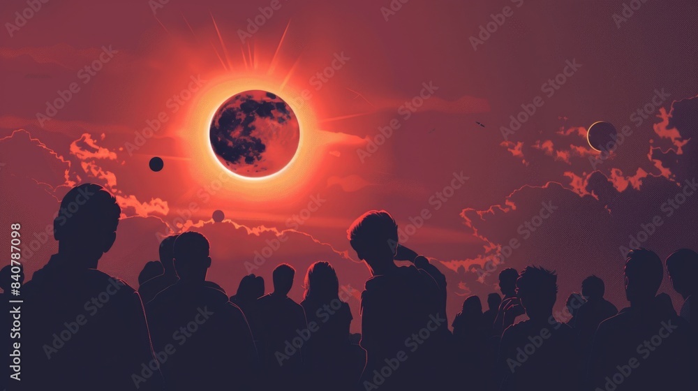 Group of people observing the solar eclipse, with the moon's shadow visible on the Earth's surface Group of people observing the solar eclipse, with the moon's shadow visible on the Earth's surface