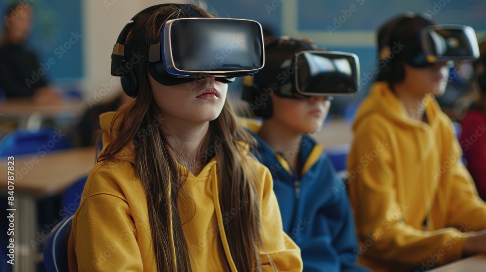 Students engaging with virtual reality technology in high resolution classroom simulation Students engaging with virtual reality technology in high resolution classroom simulation