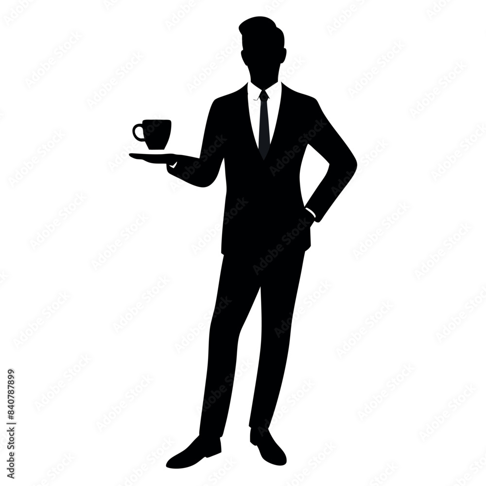 business standing with professional outfit, holding a cup of tea with cheers mode, vector silhouette business standing with professional outfit, holding a cup of tea with cheers mode, vector silhouette