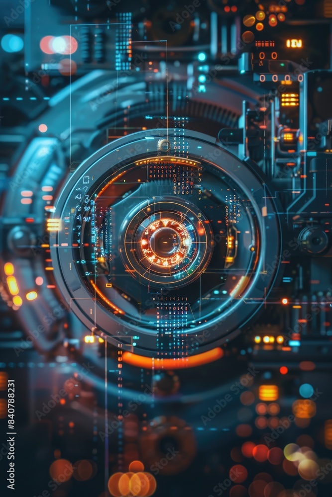 A futuristic camera lens against a backdrop of a modern city, perfect for technology or architecture themed projects A futuristic camera lens against a backdrop of a modern city, perfect for technology or architecture themed projects
