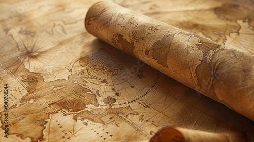 Historical Map: A yellowed historical map is rolled up in an old scroll. Worn-out details on its surface carry the traces of the past 